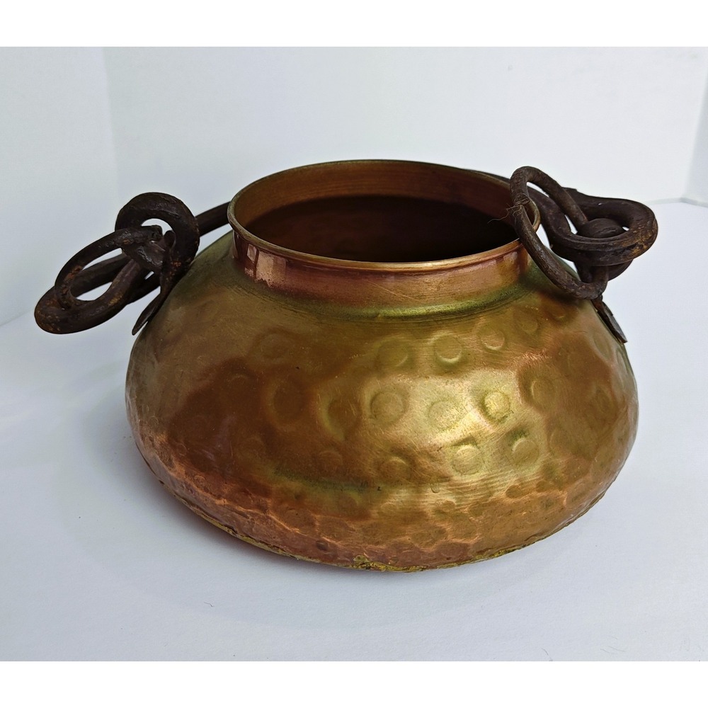 Vintage Hammered Copper Pot w/ Wrought Iron Rings and Handle For Hanging/ Decor